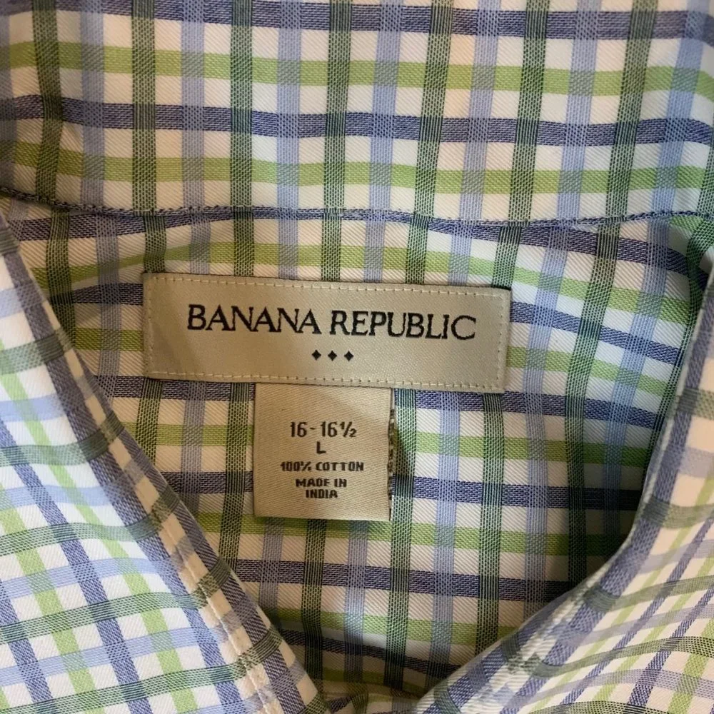 Banana Republic Plaid Blue Green Dress Shirt Button Up Men's Large 16-16.5‎